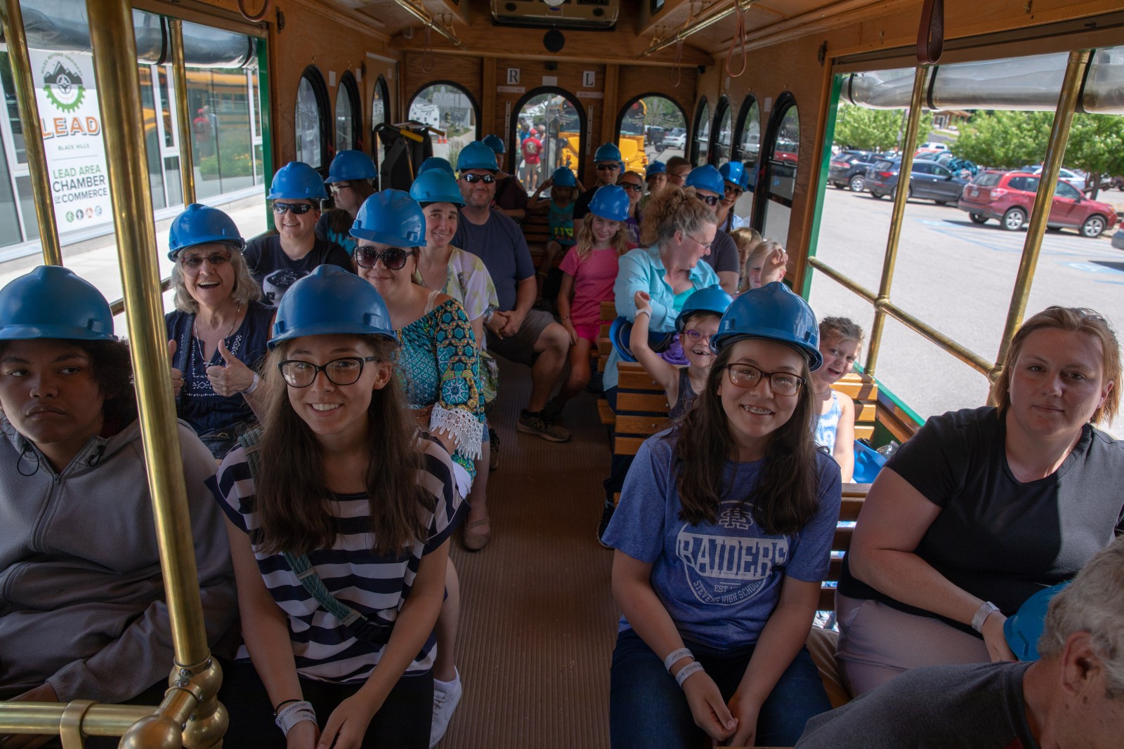 People on a trolley tour.
